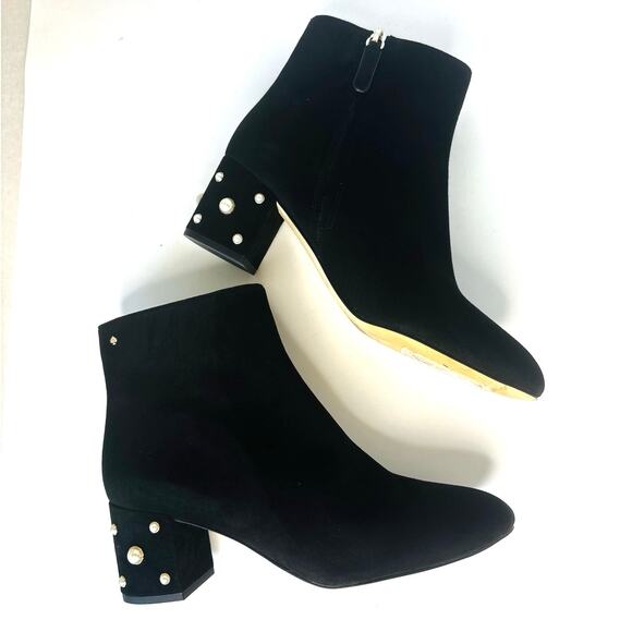 Kate Spade Taraji Faux Pearl Suede Block Heel Booties Black 9 Women Ankle Boots - Picture 1 of 12